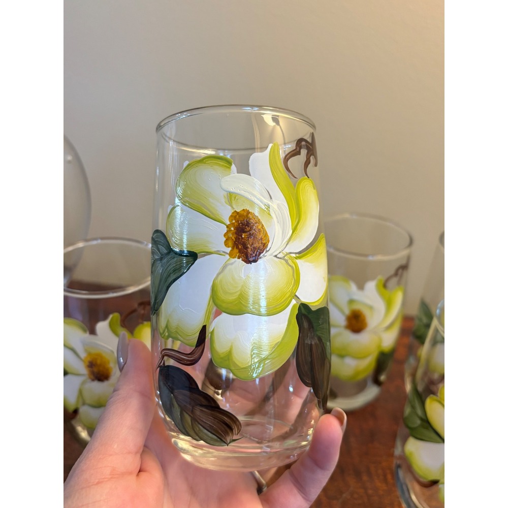 Vintage MCM Bartlett Collins pitcher & glasses set magnolia hand-painted - Picture 9 of 14